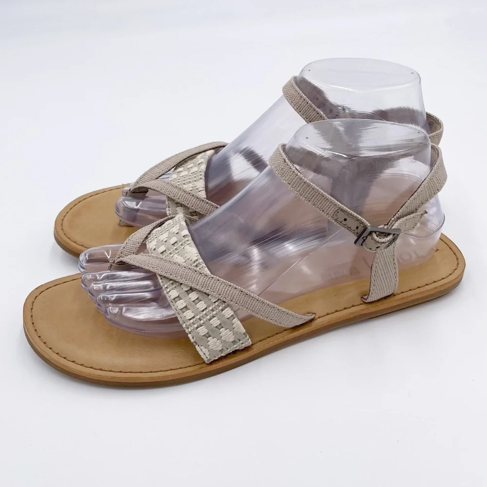 Toms Lexie Strappy Sandals Oxford Tan Heritage Canvas Diamond Tribal Size 9